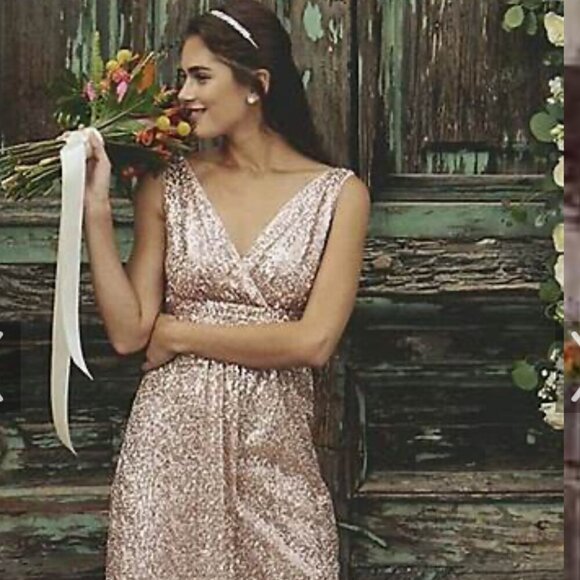 David's Bridal SZ 6 Gold Grecian Sequin Formal glamour party formal prom wedding - Picture 4 of 15